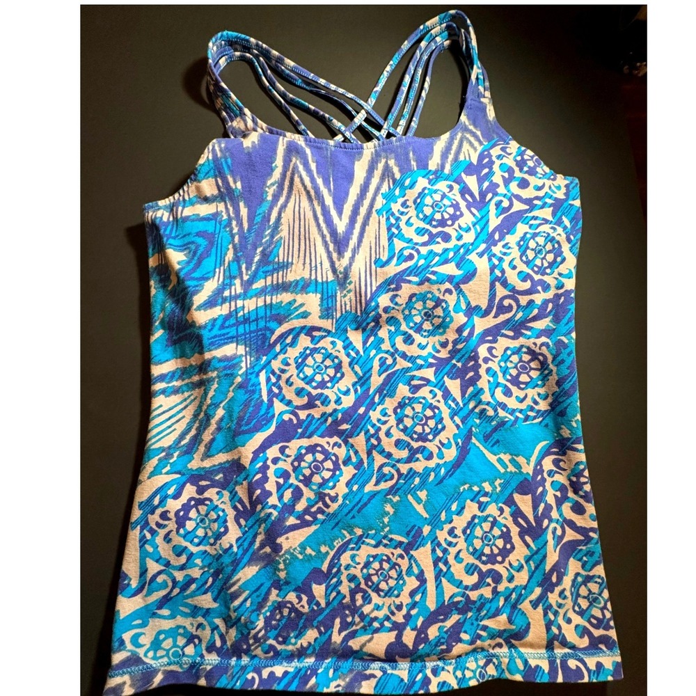 Lilly Pulitzer Blue Teal Ikat Floral Strappy Back Shelf Bra Tank Top Womens
